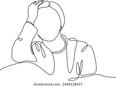 Continuous line drawings of a young woman feeling sad, tired and worried about mental health depression. problems, failures and broken heart concepts isolated on white background. Without artificial i