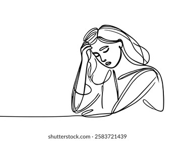 Continuous line drawings of a young woman feeling sad, tired and worried about mental health depression. problems, failures and broken heart concepts isolated on white background. 