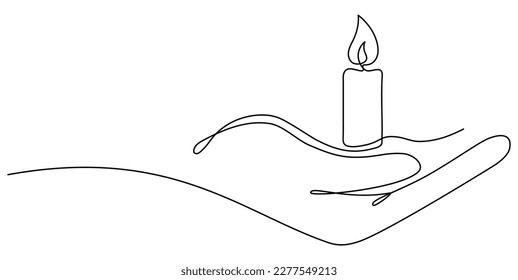Continuous line drawn hand holding memorial candle flame  Vector illustration isolated white 