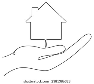 Continuous line drawn hand holding house symbol. Real estate protection concept. Vector illustration isolated on white.