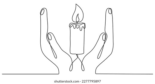 Continuous line drawn hands hold Memorial burning candle  Vector illustration isolated white 