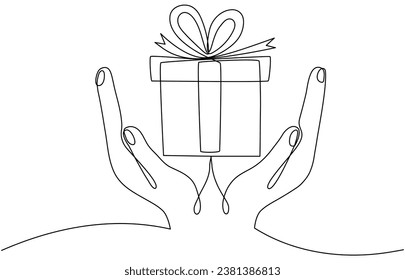 Continuous line drawn hands holding gift box. Birthday present linear symbol. Vector illustration isolated on white.