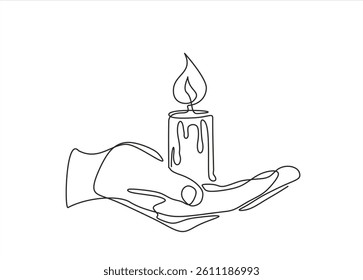 Continuous line drawn human hand hold candle flame. Memorial linear symbol. Vector illustration isolated on white. Editable stroke.	