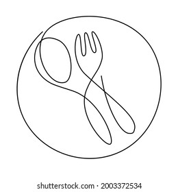 Continuous line drawn plate, spoon and fork. Restaurant logo isolated on white background minimalism design. Vector illustration. Doodle