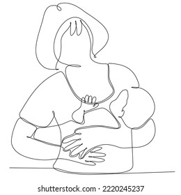 
a continuous line drawn silhouette image of a breastfeeding woman drawn by a child. line art. mother character feeding newborn baby
