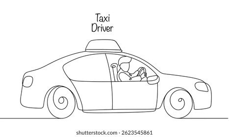 Linha contínua desenhada táxi carro com motorista. Especialista que presta serviços de transporte de passageiros num automóvel mediante pagamento, seguindo as rotas especificadas pelos clientes. Vetor isolado no fundo branco.