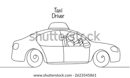 Continuous line drawn taxi car with driver. Specialist providing passenger transportation services in a car for a fee, following the routes specified by clients. Isolated vector on white background.