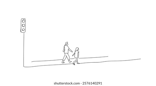 A continuous line draws the people walking in the pedestrian crossing. Good habit. Don't go anywhere. Respect each other. Pedestrian. National March Day. Hand made vector not AI 