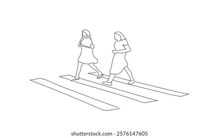 A continuous line draws the people walking in the pedestrian crossing. Good habit. Don't go anywhere. National March Day. Respect each other. Pedestrian.  Hand made vector not AI 