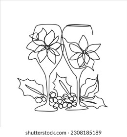 continuous line drink wine party concept christmas with christmas flowers vector illustration