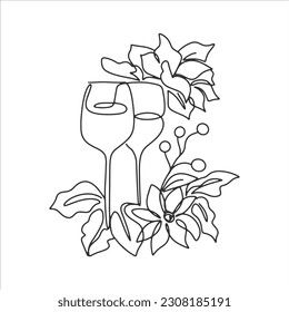 continuous line drink wine party concept christmas with christmas flowers vector illustration