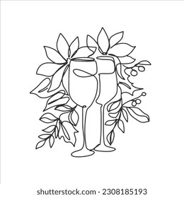 continuous line drink wine party concept christmas with christmas flowers vector illustration