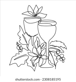 bebida en línea continua bautizos de fiesta de vinos con christmas de flores de navidad ilustración vectorial