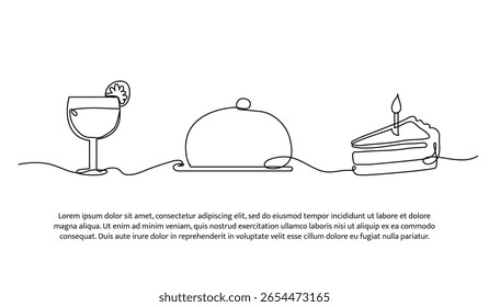 Continuous line drinks and cakes. Single line decorative element drawn on white.