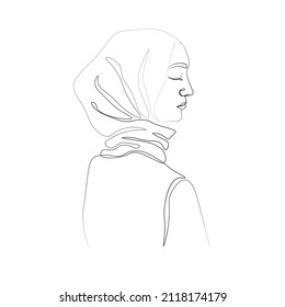 Continuous line driving of a Muslim woman's facial profile sen from the side. Vector illustration isolated on white background, line art.