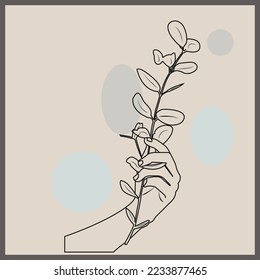 Continuous line drowing hand holding leafs vactor illustration, Backgrounds for your social media, web design,Vintage cute illustrations with different hands, plantation, Fresh evergreen.