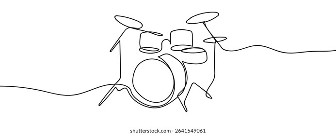 Continuous line, drum set, musical instruments, band Hand drawn vector art lines on transparent background.