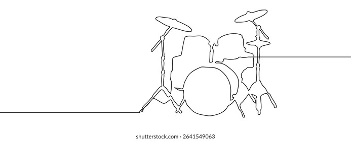 Continuous line, drum set, musical instruments, band Hand drawn vector art lines on transparent background.