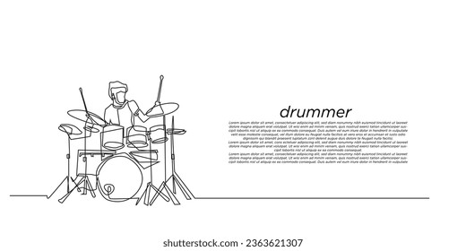 kontinuierliche Linie von drummer.vektorsingle line von man abspielen drums.music performance, talent show,concert