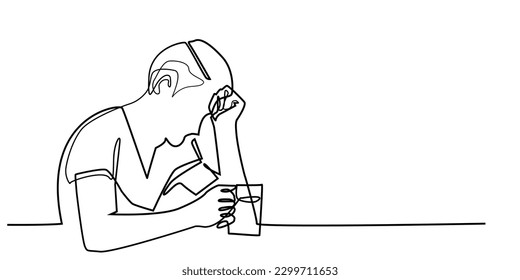 continuous line of drunk men. one line drawing of drunk man.stress from work,daily life. drinking alcohol single line vector