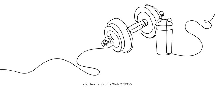 Continuous line, dumbbells and protein shakes Simple art lines on transparent background.