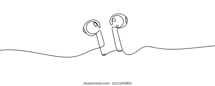 Continuous line, earbuds line art vector illustration with background.