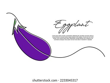 continuous line eggplant. one line drawing of purple eggplant vegetable. green vegetable abstract line art