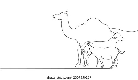 Continuous line Eid Al Adha banner design. Camel,Goat,Sheep background for Muslim Community Festival. Single line Muslim Hari Raya fit for qurbani day, Eid Al Adha in doodle one line style