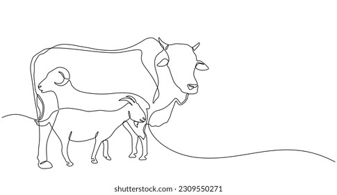 Continuous line of Eid Al Adha banner design. goats, sheep, cows background for Muslim Community Festival. Single line Muslim Hari Raya fit for qurbani day, Eid Al Adha in doodle one line style