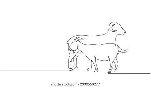 Continuous line of Eid Al Adha banner design. goats, sheep background for Muslim Community Festival. Single line Muslim Hari Raya fit for qurbani day, Eid Al Adha in doodle one line style