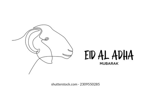 Continuous line of Eid Al Adha banner design. sheep's head background for Muslim Community Festival. Single line Muslim Hari Raya suitable for qurban day, Eid Al Adha in single line doodle style