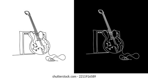 Continuous Line Of Electric Guitar And Amplifier. Line Drawing Of Guitar And Sound Amplifier