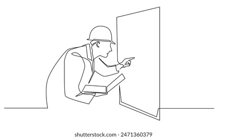 continuous line of electricians. one line drawing of an electrician checking an electrical panel. checking the electricity of a building, company, apartment, school. isolated white background