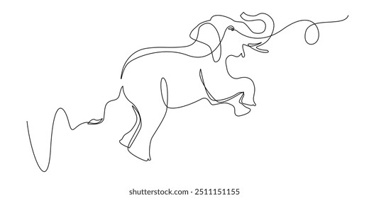 Línea continua de salto de elefante. Dibujo de una línea de salto de elefante. Vector de una sola línea. Atracción de elefante, circo, actuación en el zoológico. trazos editables