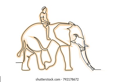 continuous line An elephant with a man on his back. painted, thin lines, orange substrate. Logo of the elephant. Place for the inscription. A symbol of prosperity. Close-up.