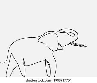 Continuous line, Elephant with trunk over head. Drawing of set Animals. (Vector illustration one line drawing)