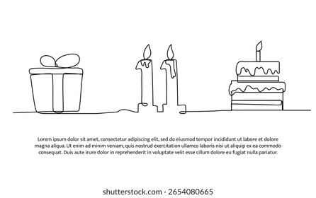 Kontinuierliche Linie elften Geburtstag bekommen Geschenkbox und Kuchen. Einzeiliges Dekorelement auf Weiß.
