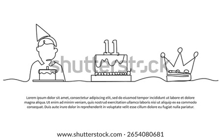 Continuous line eleventh birthday. Single line decorative element drawn on white.