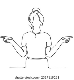 continuous line of emotions and gestures concept of smiling woman standing looking at camera and pointing two hands vector illustration