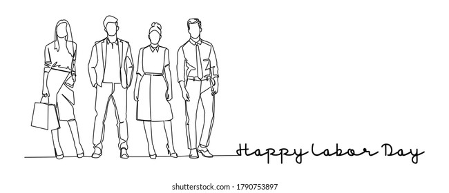 Continuous Line Employee Worker Businessman Team Workers Vector Illustration Happy Labor Day Simple Text Lettering