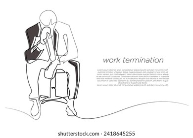 continuous line of employees affected by layoff.line art of a stressed employee being laid off from work.job crisis,business loss.isolated white background