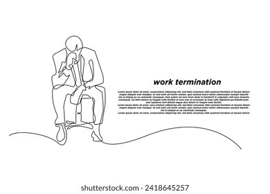 continuous line of employees affected by layoff.line art of a stressed employee being laid off from work.job crisis,business loss.isolated white background