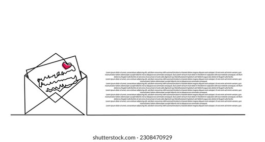 continuous line of envelope and love letter.single line love letter.isolated white background