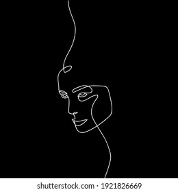 Continuous line envious face. Hand drawn line art of person who looks sullen. Contemporary minimalist portrait isolated on black background. Dislike, negative emotions concept. Vector illustration.
