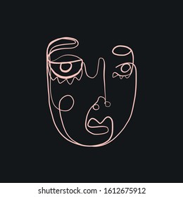 continuous line face, abstract face, minimalistic art, trendy creative portrait in cubism style, woman head