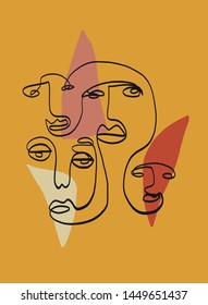 Continuous line face on trendy background with different shapes pastel colors. Creative composition design for poster, wall art, print. card