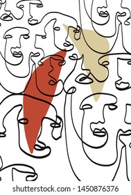 Continuous line face on trendy background with different shapes pastel colors. Creative composition design for poster, wall art, print. card