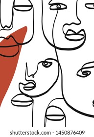 Continuous line face on trendy background with different shapes pastel colors. Creative composition design for poster, wall art, print. card