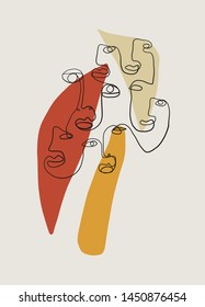 Continuous line face on trendy background with different shapes pastel colors. Creative composition design for poster, wall art, print. card
