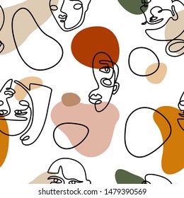 Continuous line face women seamless pattern - Modern abstract faces - Vector Endless pastel Background Fashion Female Portrait one line minimalist Style